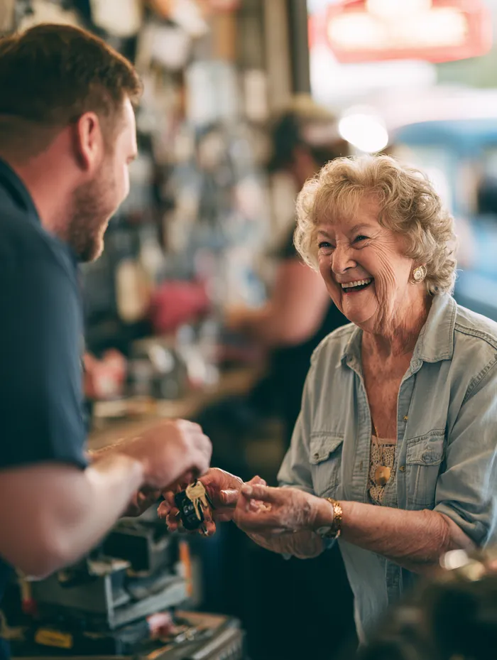 Smiling American grandmother receiving her car keys back from shop staff after windshield service
