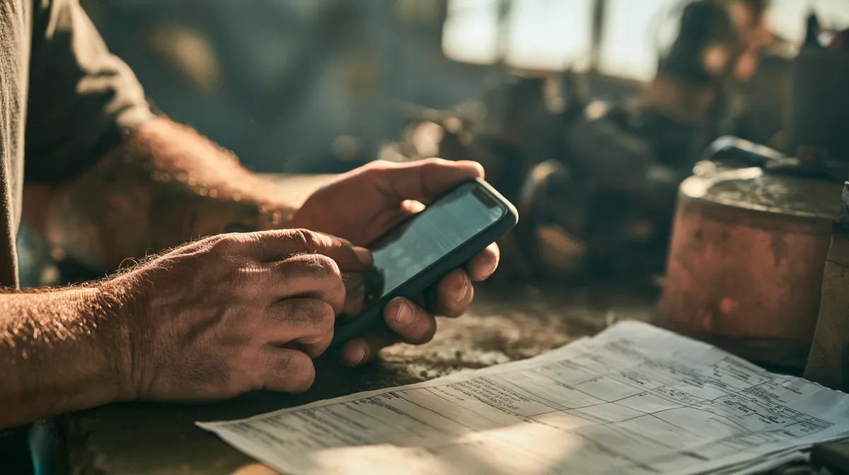 Over-the-shoulder view of hands using a phone loan calculator beside a car repair estimate