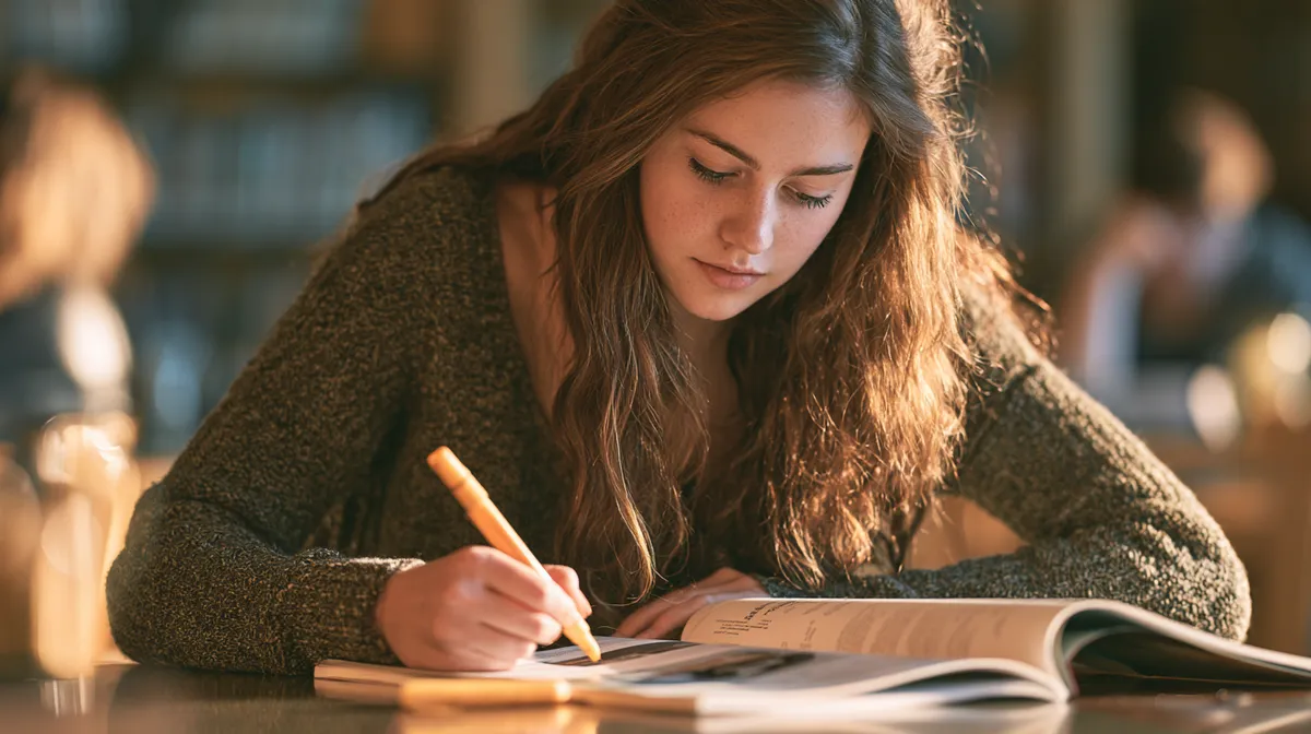 American college student highlighting loan terms in a manual while studying the road loans glossary